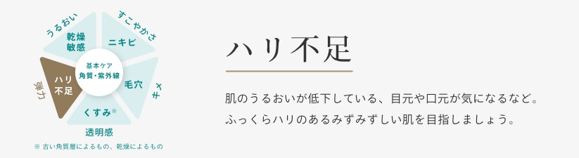 ハリ不足 肌のうるおいが低下している、目元や口元が気になるなど。ふっくらハリのあるみずみずしい肌を目指しましょう。