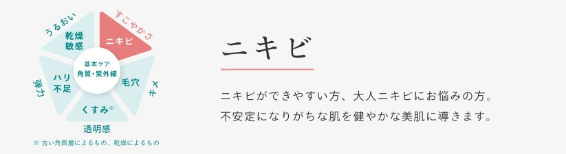 ニキビ ニキビができやすい⽅、⼤⼈ニキビにお悩みの⽅。不安定になりがちな肌を健やかな美肌に導きます。